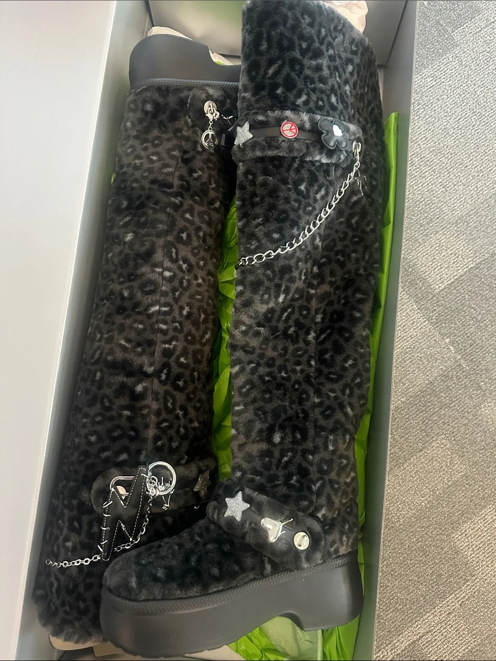 CROCS s Black Leopard Faux-Fur Tall Boots with Silver Charms